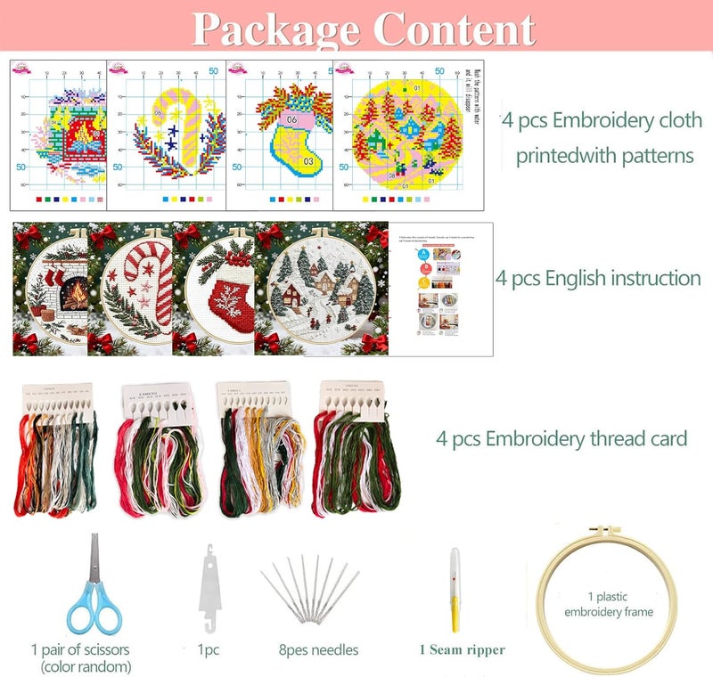 Zhenqing 11 Count Stamped Cross Stitch Kits for Adults Beginners, Hand Embroidery Christmas Ornaments kit with Instructions Embroidery Hoops,Christmas Stocking-Four-Piece Set(68446) - Image 2